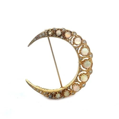 DIAMOND OPAL GOLD BROOCH/PENDANT 14K YELLOW CRESCENT MOON STYLE (1 of 2)