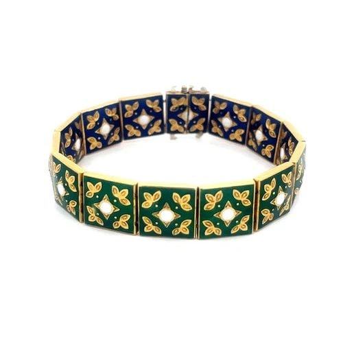 GOLD FLORAL ENAMEL BRACELET VINTAGE REVERSIBLE 18K YELLOW SQUARE SLIDE LINKS: GOLD FLORAL ENAMEL BRACELET VINTAGE REVERSIBLE 18K YELLOW SQUARE SLIDE LINKS This charming vintage reversible style bracelet is 18k yellow gold featuring square panels string on double row polythene t