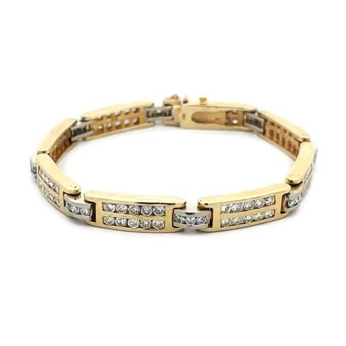DIAMOND GOLD BRACELET 14K TWO TONE CHANNEL SET BAR LINK STYLE 4 CARATS: DIAMOND GOLD BRACELET 14K TWO TONE CHANNEL SET BAR LINK STYLE 4 CARATS This diamond and gold bracelet is a beautiful piece of fine jewelry featuring long and short alternating bar links with double ro
