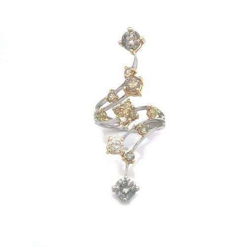 18K FANCY MULTICOLOR DIAMOND TWO TONE GOLD LONG FINGER FLORAL RING SIZE 6: 18K FANCY MULTICOLOR DIAMOND TWO TONE GOLD LONG FINGER FLORAL RING SIZE 6 This is a fashionable statement ring; it is crafted from 18k white and yellow gold featuring 5 rows with split shank and stem 