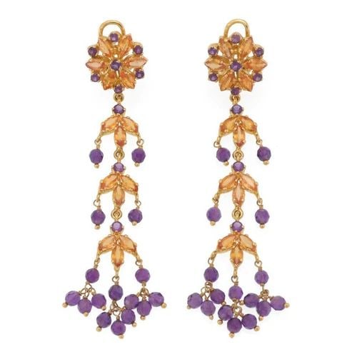 STUNNING 22K GOLD AMETHYST CITRINE LONG DANGLE FLORAL EARRINGS: STUNNING 22K GOLD AMETHYST CITRINE LONG DANGLE FLORAL EARRINGS Stunning 22k Gold Amethyst Citrine Long Dangle Floral Earrings - Description This is a fabulous pair of long drop dangle earrings, crafte