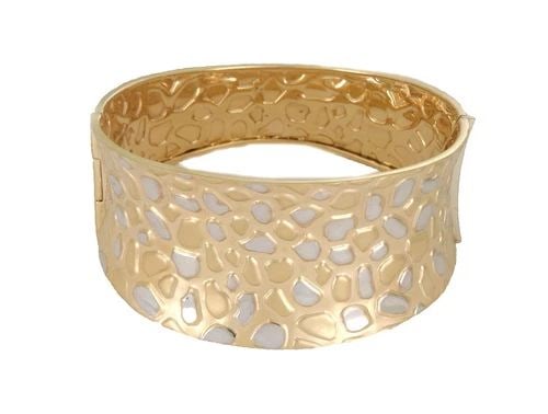 GOLD BRACELET 14K TWO TONE WIDE CONCAVE PEBBLE STYLE BANGLE (1 of 2)