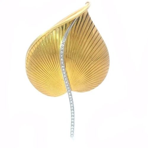 GARAVELLI DIAMOND GOLD LEAF BROOCH 18K TWO TONE LARGE STEM 237AL (1 of 2)