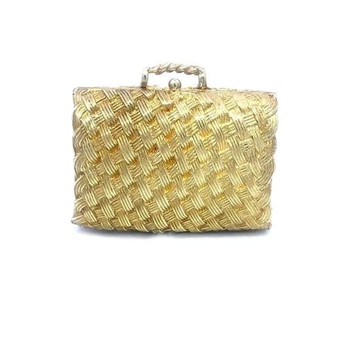 GOLD 3D PURSE PENDANT 18K YELLOW BASKET WOVEN VINTAGE HANDBAG: This lovely Gold 3D Purse Pendant is also served as a pill box with a small storage area; it is a fine piece of vintage jewelry that features a handbag shape in a classic yellow gold color with textur