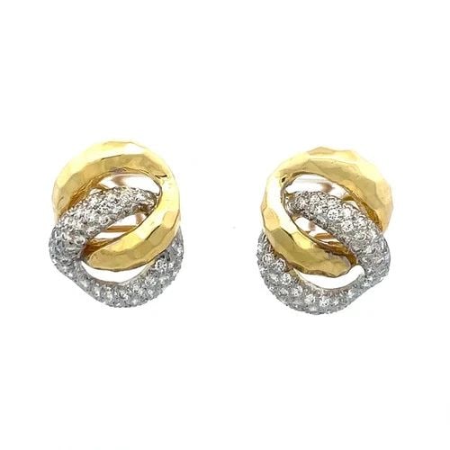 DIAMOND GOLD EARRINGS 18K TWO TONE HAMMERED PAVE SET 14K BACKS (1 of 2)