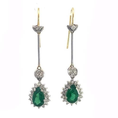 EMERALD DANGLE EARRINGS 17K GOLD PLATINUM TEARDROP HALO ESTATE (1 of 2)