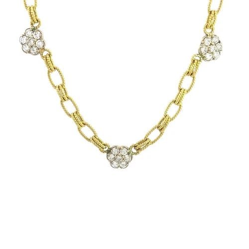 DIAMOND GOLD NECKLACE FLORAL MOTIFS 18K TWO TONE WIRE OVAL LINK STATIONS: DIAMOND GOLD NECKLACE FLORAL MOTIFS 18K TWO TONE WIRE OVAL LINK STATIONS This gorgeous collar necklace is crafted from 18k yellow gold chain with white gold accent featuring fine wire oval links with 