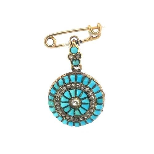 VICTORIAN ROSE CUT DIAMOND BROOCH MERMAID 18K YELLOW GOLD TURQUOISE DANGLE STYLE: VICTORIAN ROSE CUT DIAMOND BROOCH MERMAID 18K YELLOW GOLD TURQUOISE DANGLE STYLE This beautiful antique mermaid style brooch is crafted from 18k yellow gold featuring a hook in safety pink and danglin
