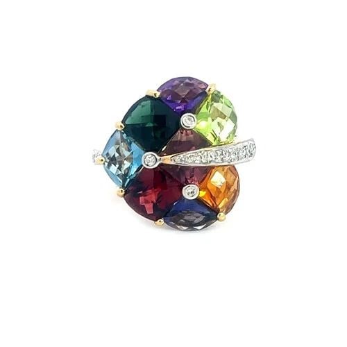 DIAMOND & GEMS GOLD RING 18K YELLOW FANCY HEART SHAPE DESIGN: DIAMOND & GEMS GOLD RING 18K YELLOW FANCY HEART SHAPE DESIGN This is an adorable ring designed with a heart of love. It is crafted from 18k yellow gold featuring the top center with assorted shape col