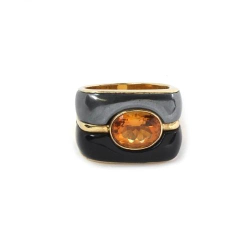 MING'S CITRINE & ONYX 18K YELLOW GOLD HEMATITE 15.5MM WIDE RING LIQUIDTION!: MING'S CITRINE & ONYX 18K YELLOW GOLD HEMATITE 15.5MM WIDE RING LIQUIDTION! Ming's Citrine & Onyx 18k Yellow Gold Hematite 15.5mm Wide Ring LIQUIDTION! Description This is an authentic Ming's ring, it