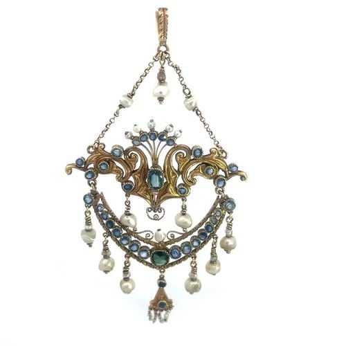 VICTORIAN GOLD & GEMS PENDANT 18K 17K YELLOW LARGE LAVALIER STYLE: VICTORIAN GOLD & GEMS PENDANT 18K 17K YELLOW LARGE LAVALIER STYLE The eye-catching Victorian Era Pendant is a stunning piece of fine jewelry featuring a large open style yellow gold Lavaliere style wi