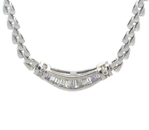 DIAMOND GOLD BAR PENDANT 18K&14K WHITE TRIPLE ROW TEARDROP LINK NECKLACE: Add this beautiful necklace to your collection, a sophisticated piece crafted in 18k & 14k white gold. The pendant showcases a elegant curved bar design, adorned with a graduated channel set baguette 