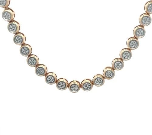 DIAMOND ROSE GOLD 14K TENNIS NECKLACE CLUSTER SET DIAMOND ROUND LINKS: DIAMOND ROSE GOLD 14K TENNIS NECKLACE CLUSTER SET DIAMOND ROUND LINKS This gorgeous necklace features a stunning cluster set diamonds in each round link in pink color. The necklace is in the tennis st