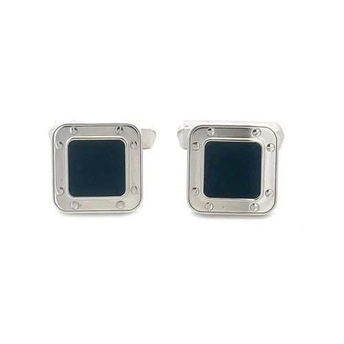 CARTIER SANTOS GOLD CUFFLINKS 18K WHITE BLACK ONYX SQUARE TOP FRANCE: CARTIER SANTOS GOLD CUFFLINKS 18K WHITE BLACK ONYX SQUARE TOP FRANCE The Cartier Santos Gold Cufflinks are a luxurious accessory for men, featuring a square-shaped white gold frame with screw motifs, 