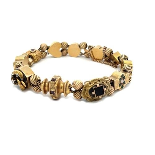 VINTAGE MULTICOLOR GEMS ENAMEL 14K YELLOW GOLD 11 SLIDE CHARMS BRACELET (1 of 2)