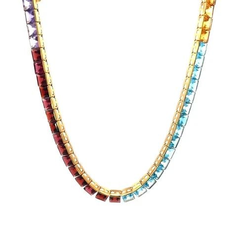 YELLOW GOLD NECKLACE MULTICOLOR RAINBOW GEMS 14K SQUARE SHAPE HALF BEZEL SET: YELLOW GOLD NECKLACE MULTICOLOR RAINBOW GEMS 14K SQUARE SHAPE HALF BEZEL SET This is a lovely collar necklace, it is crafted from 14k yellow gold featuring square shape semi-precious colored gemstones