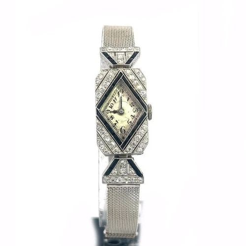ART DECO PLATINUM GOLD WRISTWATCH LADIES GOLD ONYX DIAMOND CANDY WRAP STYLE (1 of 2)