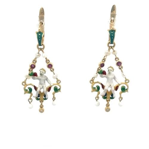 DIAMOND GOLD BABY BACCHUS EARRINGS 18K YELLOW RENAISSANCE REVIVAL STYLE (1 of 2)