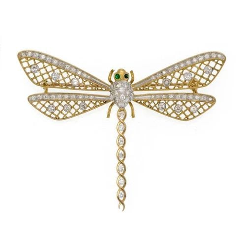 18K TWO TONE GOLD DIAMOND & EMERALD DRAGONFLY BROOCH (1 of 2)