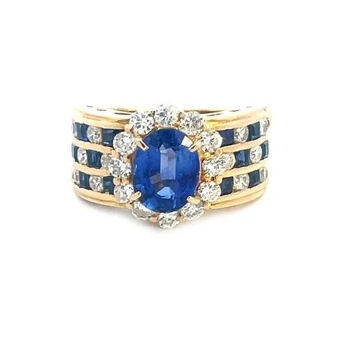 DIAMOND SAPPHIRE GOLD RING 18K YELLOW COCKTAIL OVAL TOP 5.25 (1 of 2)