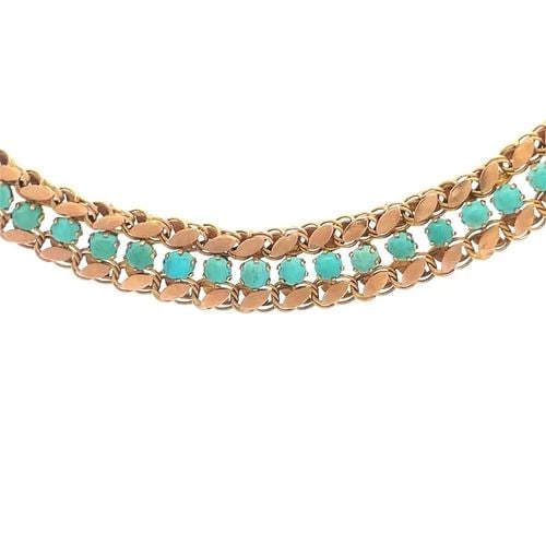 TURQUOISE ROSE GOLD NECKLACE VINTGE 14K BEAD WIDE FLEX COLLAR STYLE: This charming vintage collar necklace is crafted from 14k rose gold featuring flat marquise shape gold links on both sides of the 10mm wide flexible link necklace, along the center are small prong set