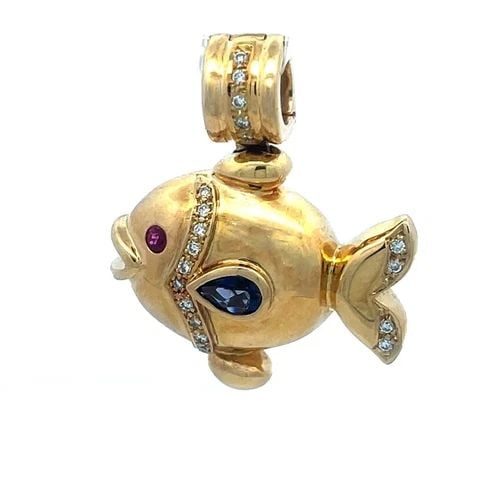 DIAMOND GOLD 3D LARGE FISH PENDANT GEMSTONE 18K YELLOW PUFFED STYLE 23 GRAMS (1 of 2)