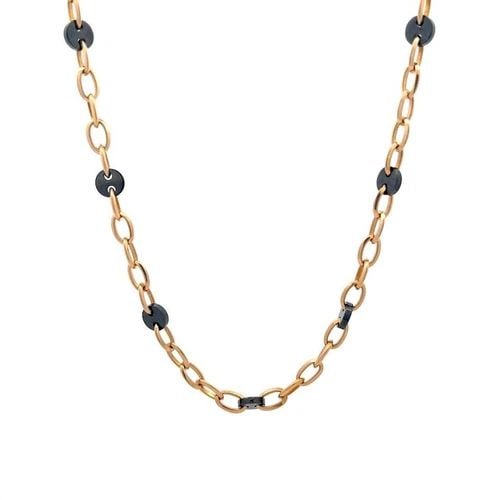 ONYX 18K NECKLACE GOLD CHAIN ROSE BUTTON OVAL LINK BY MAXIORO ITALY: ONYX 18K NECKLACE GOLD CHAIN ROSE BUTTON OVAL LINK BY MAXIORO ITALY This Maxioro Italian chain is crafted from 18k rose gold featuring oval links with flat button style black onyx attached between eve