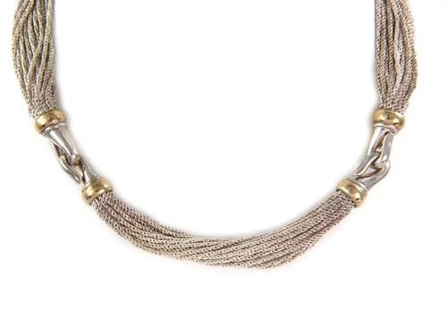 TIFFANY & CO. NECKLACE 925 SILVER 14K YELLOW GOLD MULTI-STRAND: TIFFANY & CO. NECKLACE 925 SILVER 14K YELLOW GOLD MULTI-STRAND Tiffany & Co. 925 Silver 14k Yellow Gold Multi-Strand Necklace ! Description This is an authentic vintage multi strand chain necklace fro