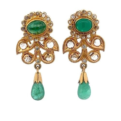 EMERALD DIAMOND GOLD EARRINGS 21K FLORAL DANGLE STYLE (1 of 2)