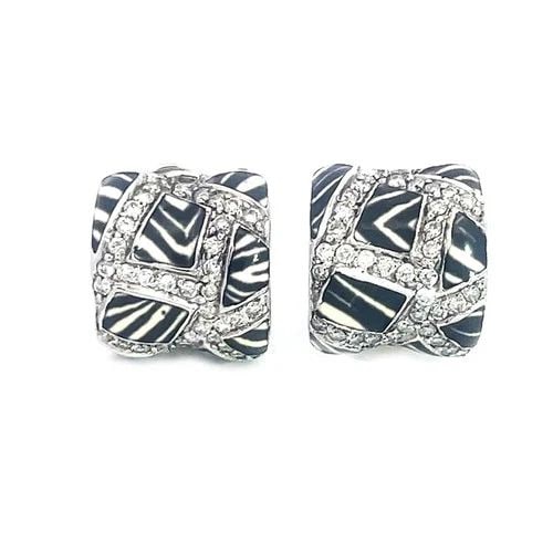 DIAMOND ENAMEL GOLD EARRINGS 18K WHITE ZEBRA STYLE HUGGIE POST CLIP (1 of 2)
