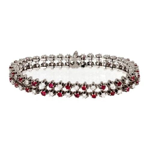 ESTATE DIAMOND RUBY BRACELET 14K WHITE GOLD 2 ROW TENNIS STYLE (1 of 2)