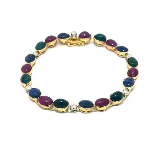 DIAMOND & GEMS GOLD BRACELET 18K YELLOW CABOCHON EMERALD, RUBY AND SAPPHIRE (1 of 2)