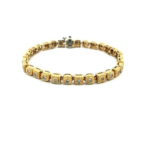 DIAMOND GOLD BRACELET 14K YELLOW SQUARE ROUND LINKS FINE WIRE DECOR: The diamond gold bracelet is a stunning piece of fine jewelry featuring square and round links in 14k yellow gold. Each link with a beautiful white diamond in bezel style and fine cable style, the lin