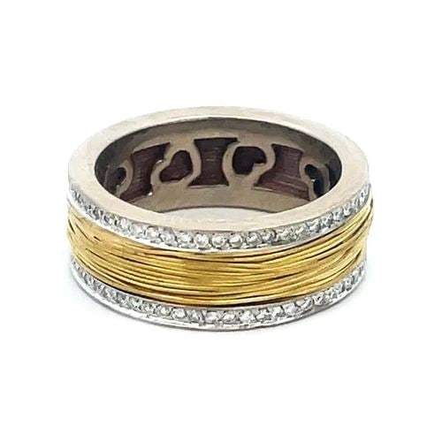 PASQUALE BRUNI DIAMOND GOLD BAND 18K TWO TONE PAVE SET BORDER: Elegant and authentic by Pasquale Bruni, this wide band is crafted from 18k yellow and white gold featuring the lovely pave set diamond border on white gold edge with fine yellow gold wire wrapped aro