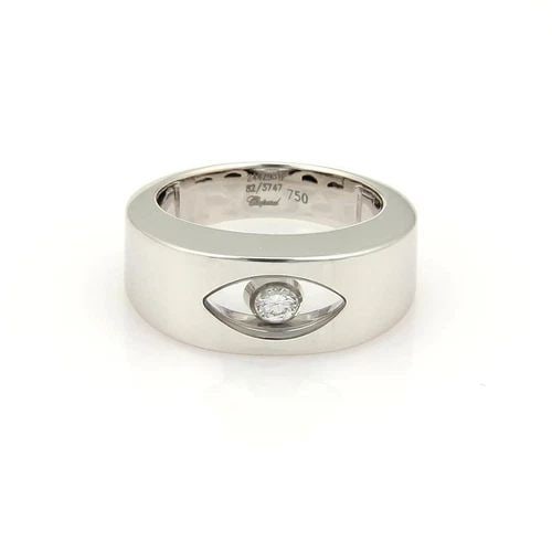 CHOPARD EYE RING HAPPY DIAMOND 18K WHITE GOLD 8MM WIDE BAND: CHOPARD EYE RING HAPPY DIAMOND 18K WHITE GOLD 8MM WIDE BAND Chopard Happy Diamond 18k White Gold 8mm Wide Band Ring Description This is an elegant and lovely ring by Chopard from the Happy Diamond col