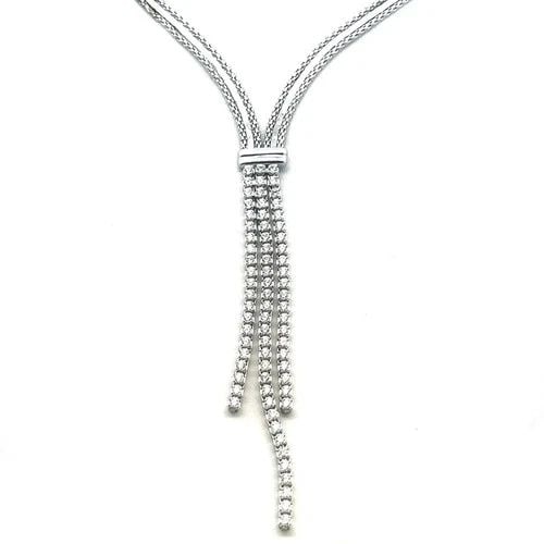 7239 GOLD TASSEL PENDANT NECKLACE 14K WHITE 3 STRAND WHITE STONES: 7239 GOLD TASSEL PENDANT NECKLACE 14K WHITE 3 STRAND WHITE STONES This lovely necklace is crafted from 14k white gold featuring a dangling tassel pendant with three strands of white stones set in 14k 