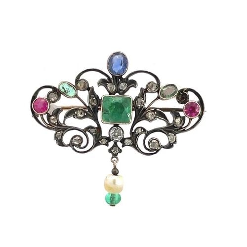 VICTORIAN ROSE CUT DIAMOND EMERALD & GEMS DARKENED SILVER & GOLD FLORAL BROOCH (1 of 2)