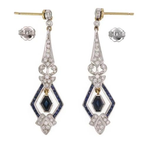 VINTAGE DIAMONDS SAPPHIRE 18K GOLD PLATINUM DANGLE EARRINGS LIQUIDATION (1 of 2)