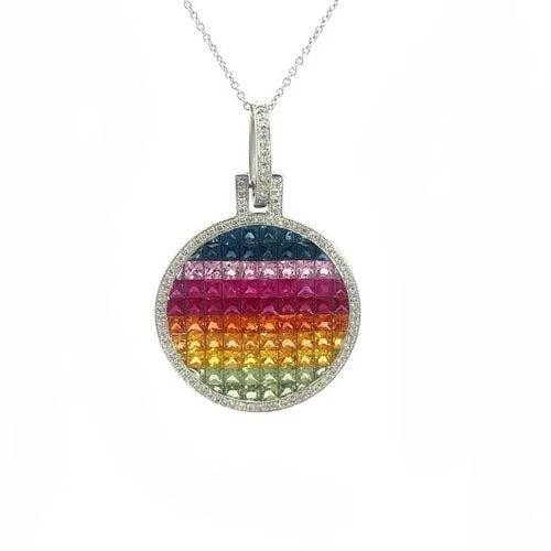 SAPPHIRE RAINBOW PENDANT 1CT DIAMOND 14K WHITE GOLD NECKLACE (1 of 2)