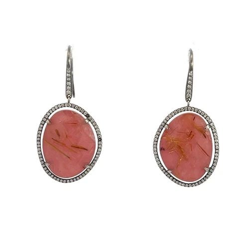 PINK QUARTZ DIAMOND 18K WHITE GOLD HOOK DANGLE EARRINGS: PINK QUARTZ DIAMOND 18K WHITE GOLD HOOK DANGLE EARRINGS This lovely pair of hook dangle earrings are crafted from 18k white gold featuring an odd shape frame set with diamonds around the bezel and at 