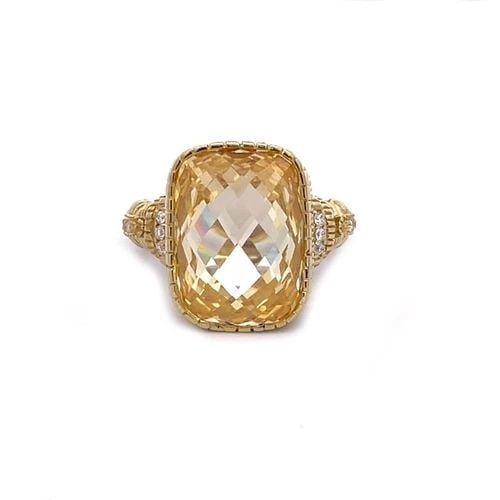 JUDITH RIPKA DIAMOND RING YELLOW COLORED STONE 18K YELLOW GOLD SOLITAIRE: Judith Ripka Diamond 18k Yellow Gold Ring Description This lovely authentic ring is by Judith Ripka, it is crafted from 18k yellow gold featuring a beautiful rectangular faceted cut yellow colored sto