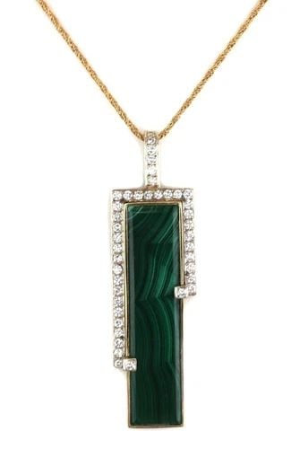 DIAMOND MALACHITE NECKLACE 14K YELLOW GOLD LONG PENDANT & CHAIN (1 of 2)