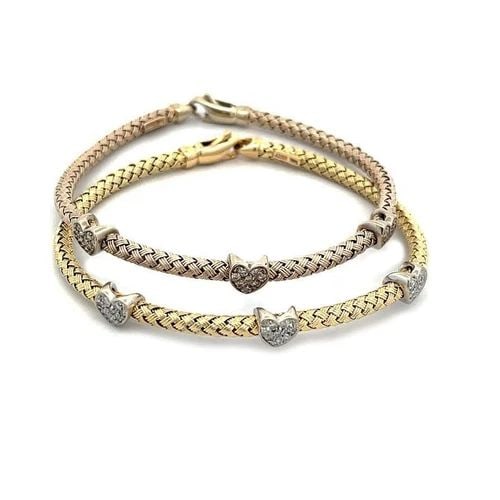 DIAMOND 2 BRACELETS BASKET WOVEN HEARTS MOTIF 14K GOLD (1 of 2)