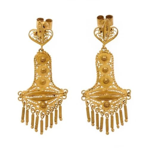 VINTAGE EARRINGS 18K GOLD ETRUSCAN FILIGREE TASSEL CHANDELIER: VINTAGE EARRINGS 18K GOLD ETRUSCAN FILIGREE TASSEL CHANDELIER Vintage 18k Gold Etruscan Filigree Tassel Chandelier Earrings Description This is a gorgeous pair of chandelier earrings, crafted from 18k