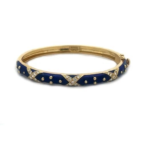 HIGALGO DIAMOND GOLD BANGLE BLUE ENAMEL 18K YELLOW X STYLE WIDE OVAL SHAPE (1 of 2)