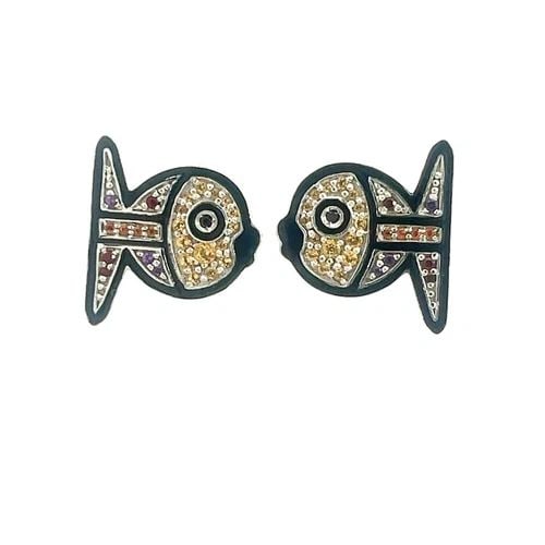 BRITTO X OC 18K GOLD STUD FISH EARRINGS MULTICOLOR GEMSTONES ENAMEL: BRITTO X OC 18K GOLD STUD FISH EARRINGS MULTICOLOR GEMSTONES ENAMEL These authentic adorable stud earrings are by designer Romero Britto from Orianne Collins Collection, they are crafted from 18k whit