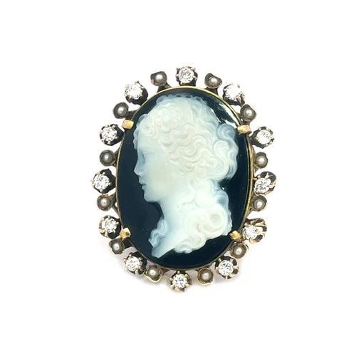 DIAMOND GOLD CAMEO RING 14K YELLOW SEED PEARLS GEMS LARGE OVAL ART DECO (1 of 2)
