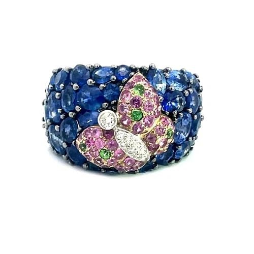 DIAMOND SAPPHIRES & GEMS GOLD RING 18K WHITE BUTTERFLY DOME STYLE BAND SIZE 7 (1 of 2)