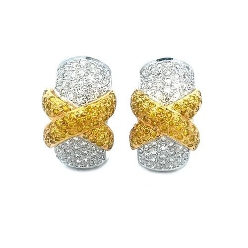 DIAMOND GOLD X EARRINGS 18K TWO TONE HALF HOOP POST CLIP STYLE: DIAMOND GOLD X EARRINGS 18K TWO TONE HALF HOOP POST CLIP STYLE The Diamond Gold X Earrings are a stunning piece of fine jewelry featuring natural white diamonds on 18k white gold wide band and a yello