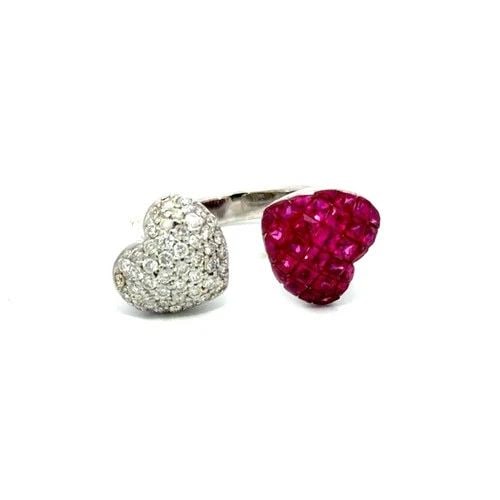 DIAMOND RUBY GOLD RING 18K WHITE TOI ET MOI DOUBLE HEARTS STYLE (1 of 2)